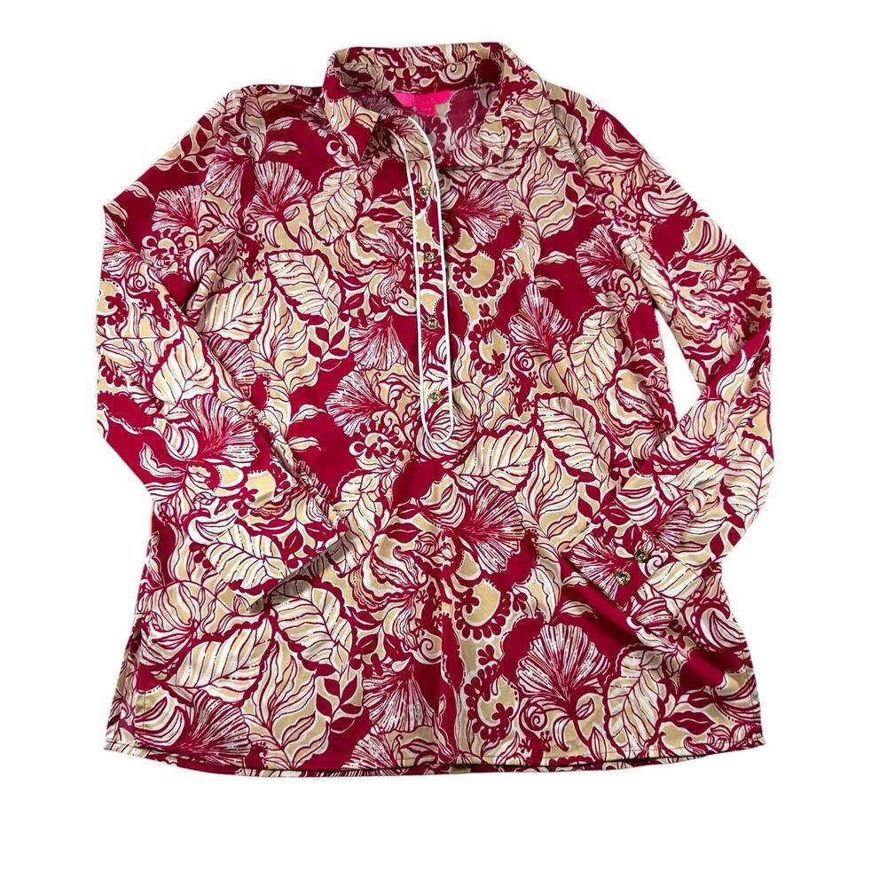 Lilly Pulitzer Giavana Tunic Popover Blouse S Pointsetta Red Island Vibe Preppy
